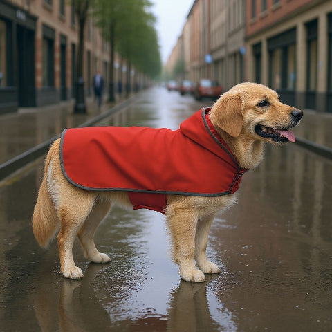 beagle qui porte le manteau pour chien wetguard rouge joli