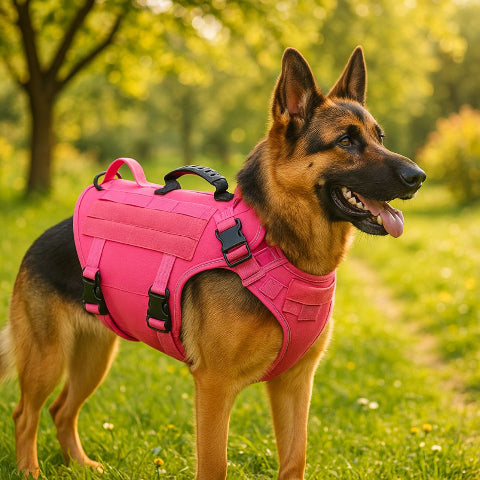 berger allemand qui se promene le jardin en portant le harnais tactique chien k9 pro rose