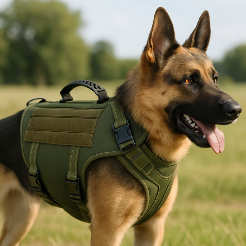 berger allemand qui se promene dans le jardin en portant le harnais tactique chien k9 pro vert