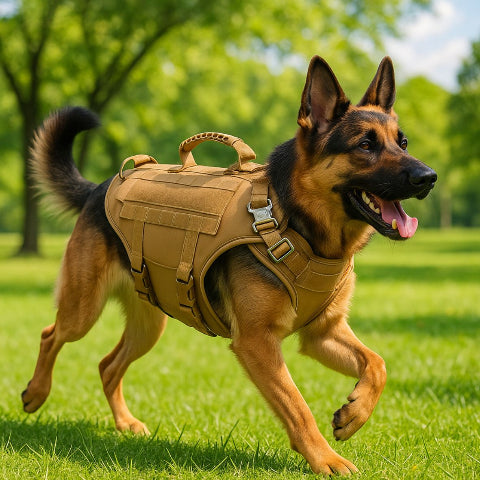 berger allemand qui se promene un parc en portant le harnais tactique chien k9 pro khaki