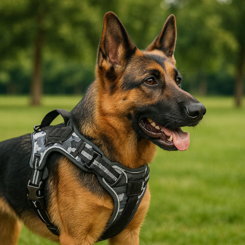 berger allemand qui se promene en portant le harnais militaire chien gilet molle camo