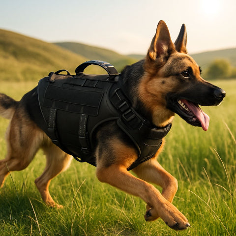 berger allemand qui se promene la foret en portant le harnais tactique chien k9 pro noir