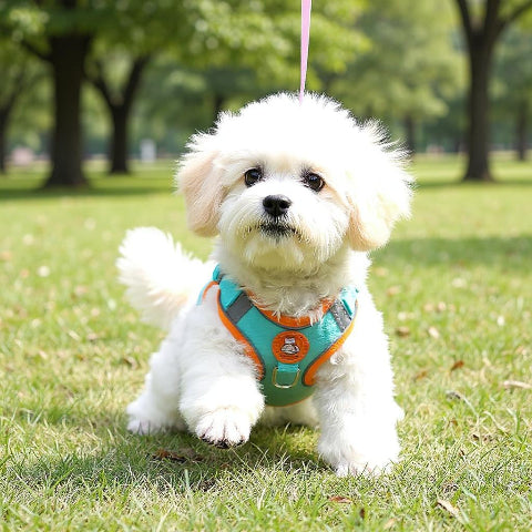 bichon frise qui porte le harnais petit chien Gilet sans traction reglable vert de bonne qualite