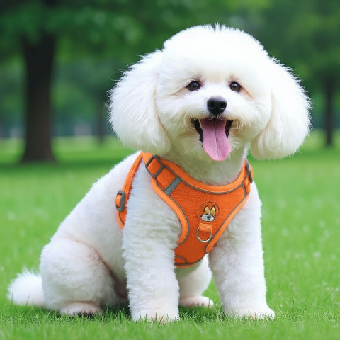 bichon frise qui porte le harnais petit chien Gilet sans traction orange