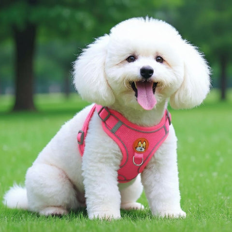 bichon frise qui porte le harnais petit chien Gilet sans traction rose