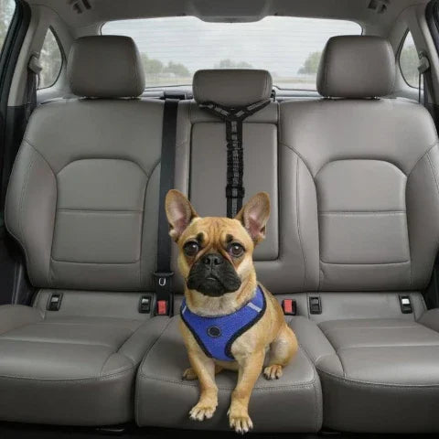 bulldog attache dans une voiture avec la laisse chien ceinture 2 en 1 noire