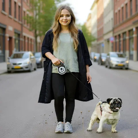 bulldog porte la laisse enrouleur pattes de chien en se promenant avec une jeune fille sur la route