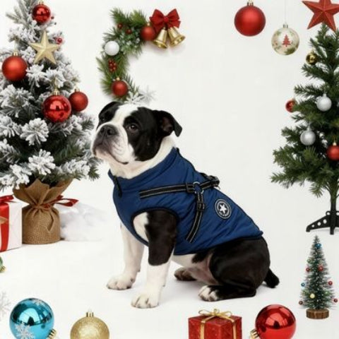 bulldog qui porte le harnais chien manteau d hiver bleu marine