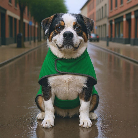 bulldog qui porte le manteau pour chien wetguard vert durable
