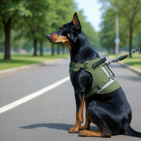 chien qui porte le harnais militaire nightsafe vert arme