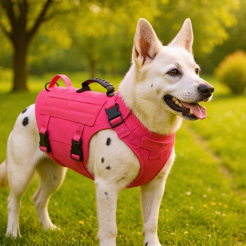 chien qui porte le harnais tactique chien k9 pro rose indispensable