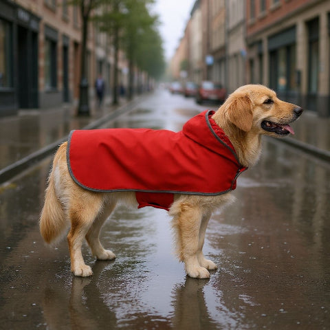 chien qui porte le manteau pour chien wetguard rouge beau