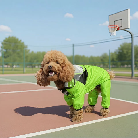 chiot qui porte le manteau pour chien safepet vert