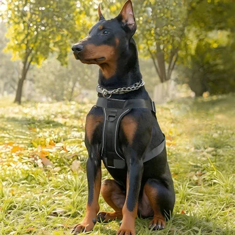 doberman qui s'assoit dans un jardin en portant le harnais pour chien militaire tactique noir