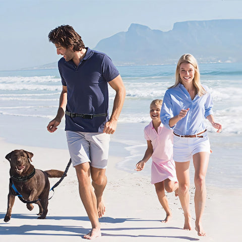 famille qui joue sur la plage avec leur chien qui porte la laisse pour chien ceinture mains libres pratique