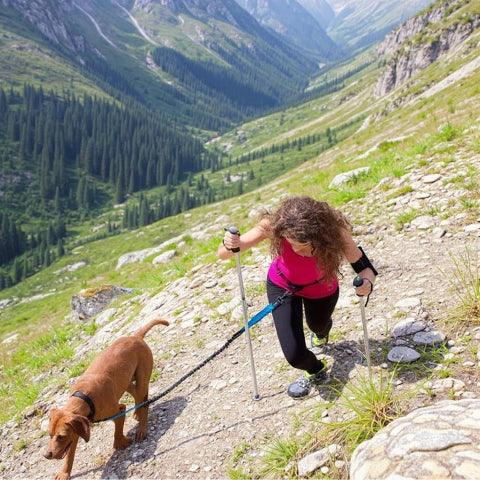 femme qui monte une montagne avec son chien qui porte la laisse pour chien ceinture mains libres reglable