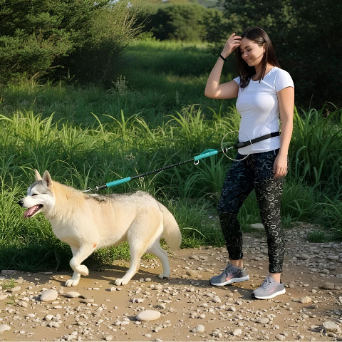 femme qui se promene avec son husky qui porte la laisse pour chien ceinture mains libres bleue confortable