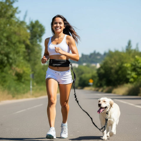 fille qui fait du jogging avec son chien qui porte la laisse pour chien main libre noire