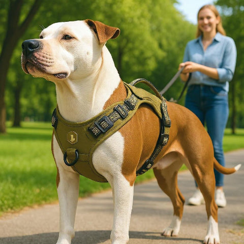 fille qui tire par la laisse son bulldog qui porte le harnais militaire chien Gilet Molle