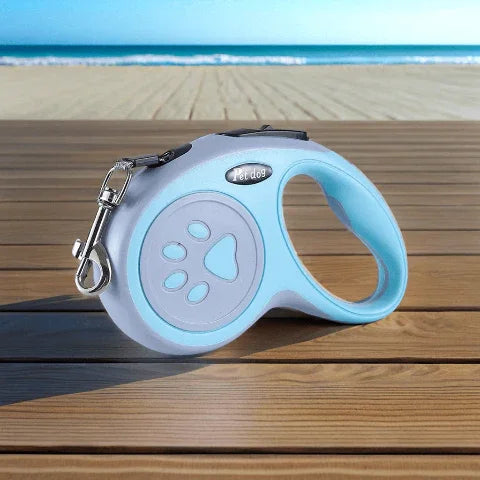 laisse enrouleur pattes de chien bleue