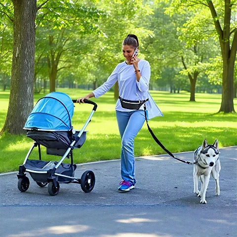 promenade d'un chien avec sa proprietaire qui porte la laisse pour chien main libre