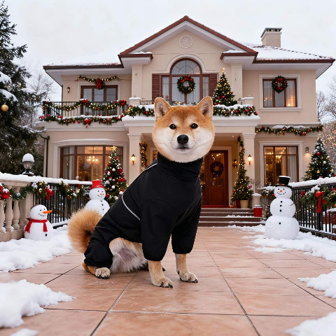 shiba inu qui porte le manteau pour chien pawtectpro noir chic