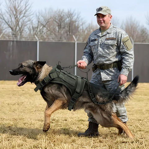soldat qui tient son berger allemand par la laisse de chien tactique