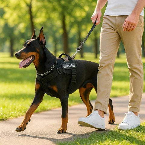 un jeune homme qui marche avec son doberman qui porte le harnais pour chien militaire tactique confortable