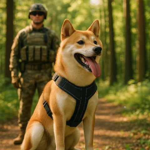 un soldat qui se promene avec son chien qui porte le harnais chien avec poignee SFP noir dans la foret