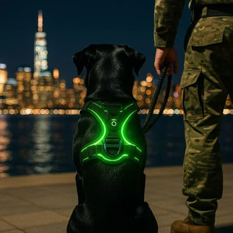 un soldat qui se promene la nuit dans une ville avec son labrador qui porte le harnais chien LED lumineux