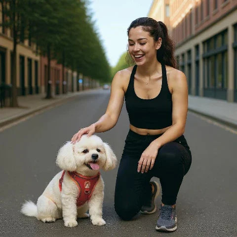 une fille qui caresse son chiot qui porte le harnais petit chien Gilet sans traction dans la rue