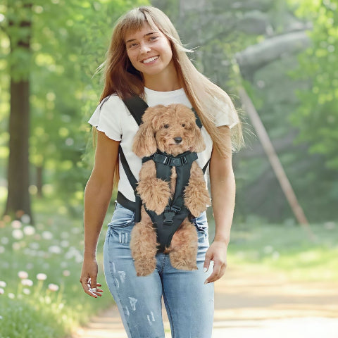 une fille qui marche dans un parc en portant le sac a dos chien