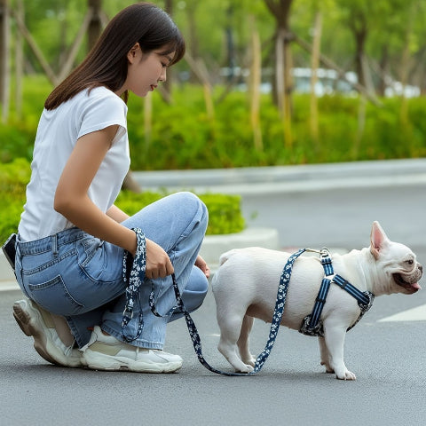 une fille qui se promene avec bulldog qui porte la laisse de chien floral Truelove bleue saxony