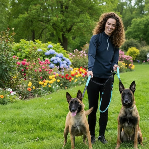 une fille qui se promene avec ses chiens avec la laisse double chien double corde bleue