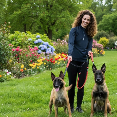 une fille qui se promene avec ses chiens avec la laisse double chien double corde rouge pratique