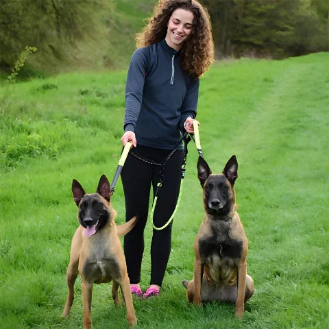 une fille qui se promene avec ses chiens avec la laisse double chien double corde verte de bonne qualite