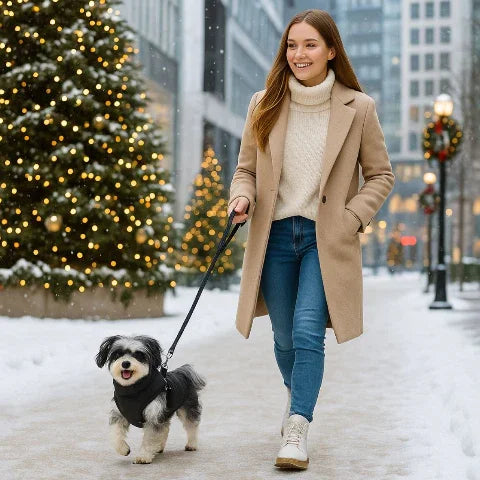 une jeune fille qui se promene avec son chien qui porte le harnais chien hiver noir