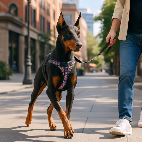 une jeune fille qui se promene avec son doberman qui porte le harnais anti traction pour chien Servidog rouge camouflage