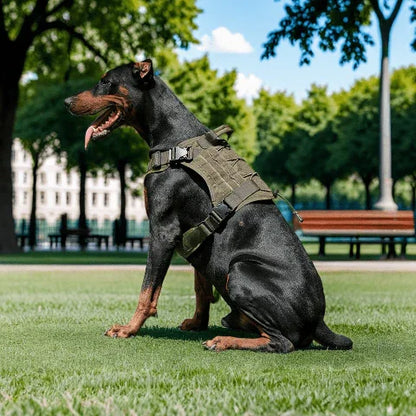 Doberman qui porte le harnais pour chien militaire Tacticontrol vert et qui s'assoit dans un parc