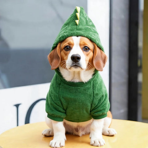 beagle qui porte deguisement chien en dinosaure vert chaud et confortable