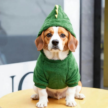 beagle qui porte deguisement chien en dinosaure vert chaud et confortable