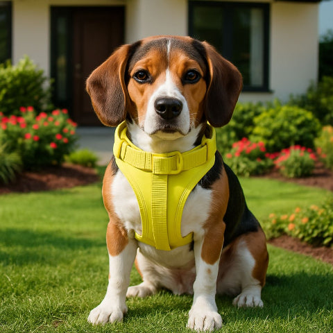 beagle qui porte le harnais anti traction chien jaune qui s'assoit dans un jardin