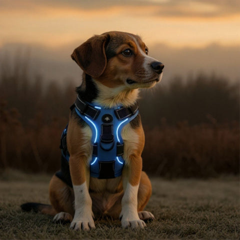 beagle qui porte le harnais chien LED lumineux bleu pratique