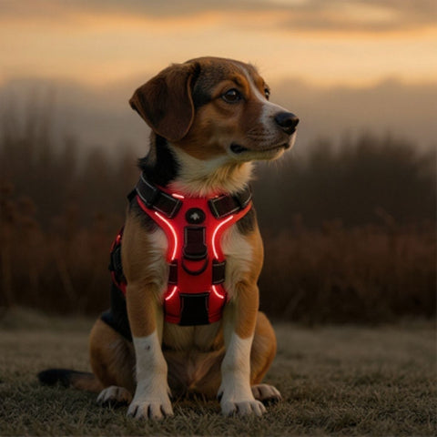 beagle qui porte le harnais chien LED lumineux rouge joli