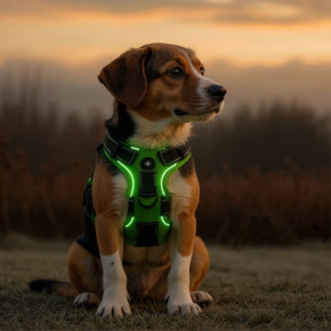 beagle qui porte le harnais chien LED lumineux vert brillant