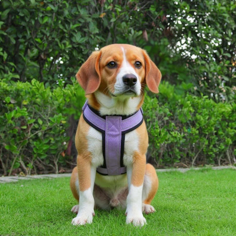 beagle qui porte le harnais chien avec poignee SFP violet de bonne qualite