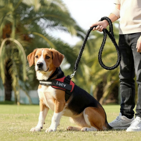beagle qui porte le harnais chien de service servidog rouge de bonne qualite