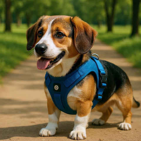 beagle qui porte le harnais chien veste  tactique bleu durable