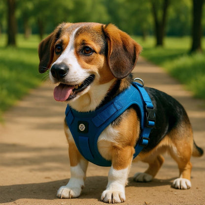 beagle qui porte le harnais chien veste  tactique bleu durable