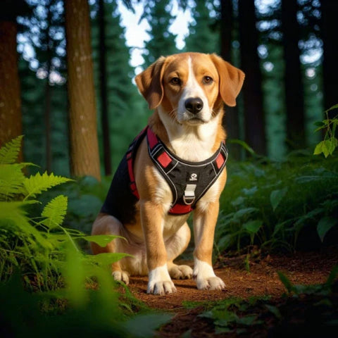 beagle qui porte le harnais chien veste  tactique rouge noir indispensable